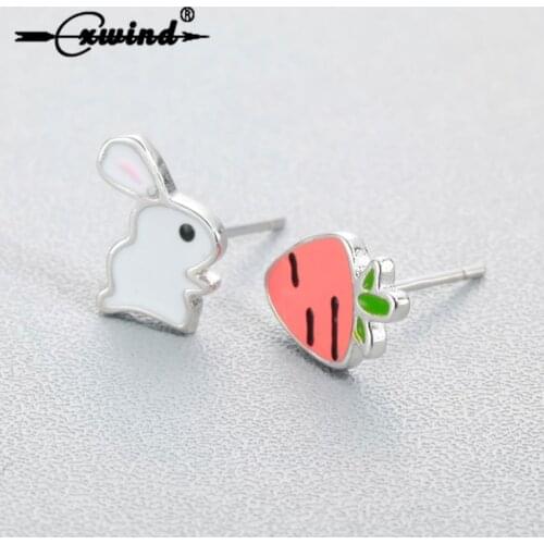 Cxwind Cute Enamel Bunny Rabbit Carrot Stud Earrings for Women Creative Cartoon Animal Dog Flower Earring Gifts Girl Kids Bijoux