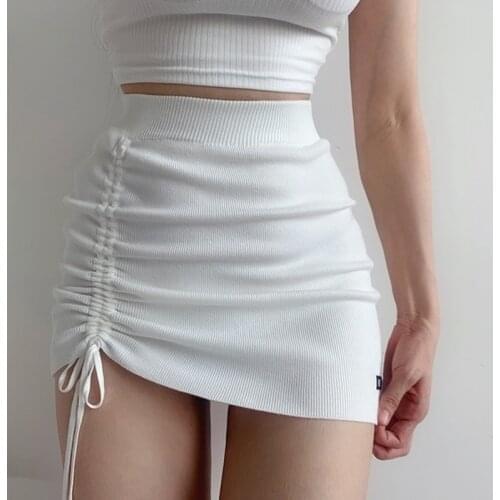 High Waist Stretch Side Drawstring Skirt Slim Fit Hip Knit Short Skirt Sexy Versatile Fashion Mini Skirt Black White BB51