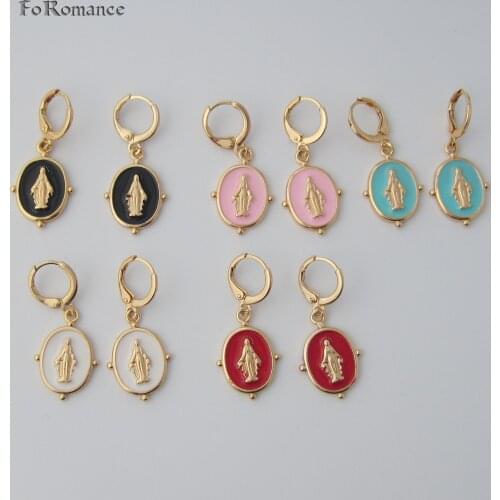 FoRomance ENAMELLED FIVE COLORS AVAILABLE YELLOW GOLD GP DANGLE 1.33 inch EARRING OVAL DANGLER WITH BLESSED VIRGIN MARY IMAGE