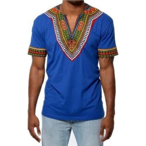 Mens T-shirt White Red Tops Loose Polyester African Dashiki Dress Printed V-neck Casual Short-Sleeved Clothing