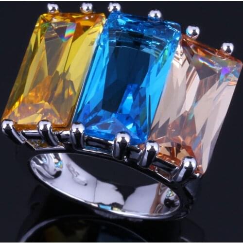 Smooth Huge Rectangle Sky Blue Yellow Brown Cubic Zirconia Silver Plated Ring V0542