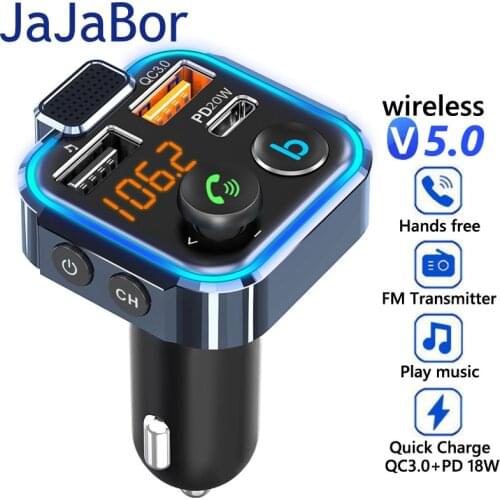 JaJaBor FM transmitter Voice Assistant Type C PD 20W QC3.0 Quick Charge U Disk Playback Handsfree Bluetooth-compatible Car Kit