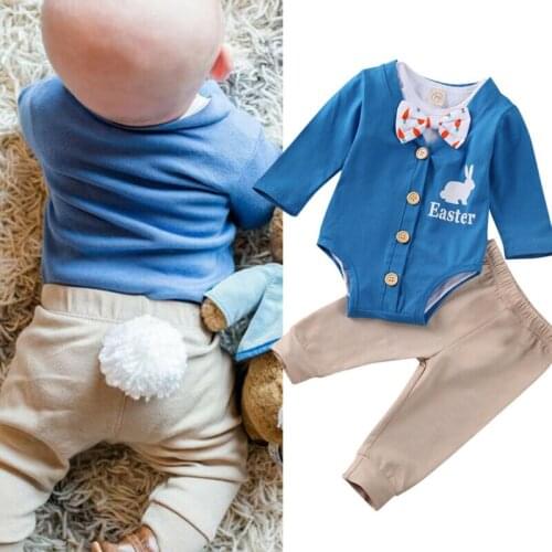 PUDCOCO Cute Newborn Baby Kids Boys Tie Bodysuit Jumpsuit Pants Leggings Easter Clothes Sets 3Pcs Outfits 0-24M