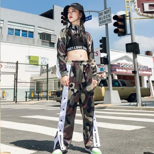 New Kids Jazz Hip Hop Costumes Girls Long Sleeve Hoodies Camouflage Clothing Fashion Hiphop Pant Stage Performance Wear DNV14007