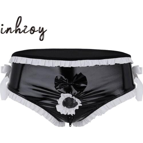 Men Black Faux Leather Lingerie Ruffle Bowknot Open Penis Hole Crotchless Sissy Panties Sexy Bikini Briefs Male Sissy Underwear