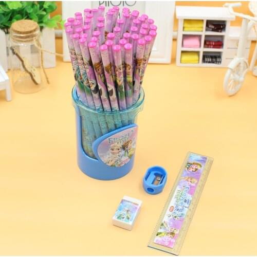 Disney cartoon pencil princess barrel 50pcs wooden pencil pen holder rubber sharpener straightedge set student learning gift