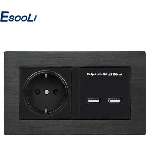 Esooli Stainless Steel Panel Dual USB Wall Charger Adapter Charging 2100ma Wall Charger Adapter French Plug Socket Power Outlet