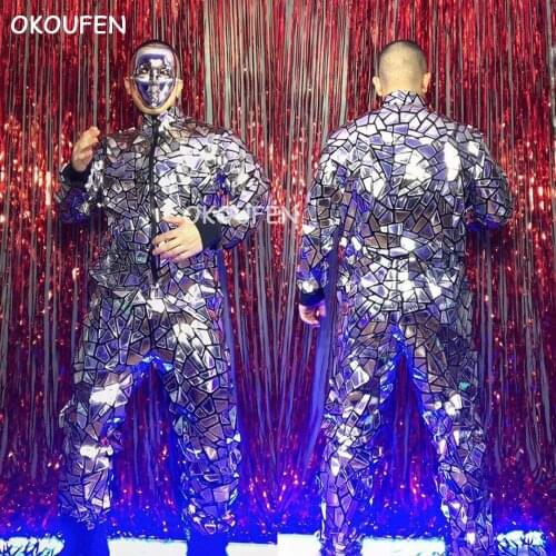 Nightclub Bar Male Singer Hiphop Dance Costume Mens Silver Laser Sequins Jumpsuit Stage performance wear