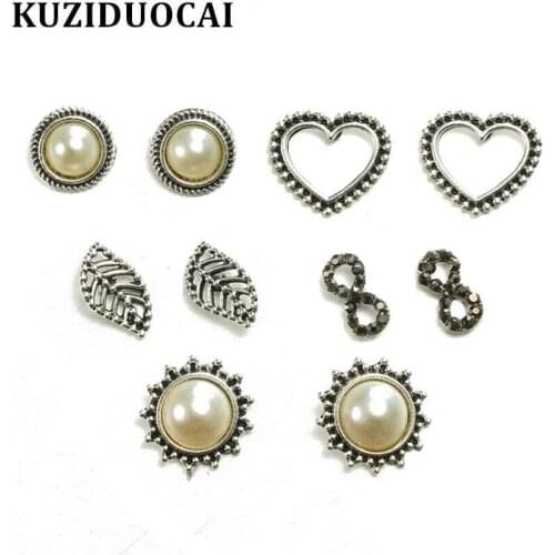 Kuziduocai New ! Fashion Fine Jewelry Retro Metal 5 pairs/set Leaves Heart Unlimited Pearl Flowers Stud Earrings For Women E-524