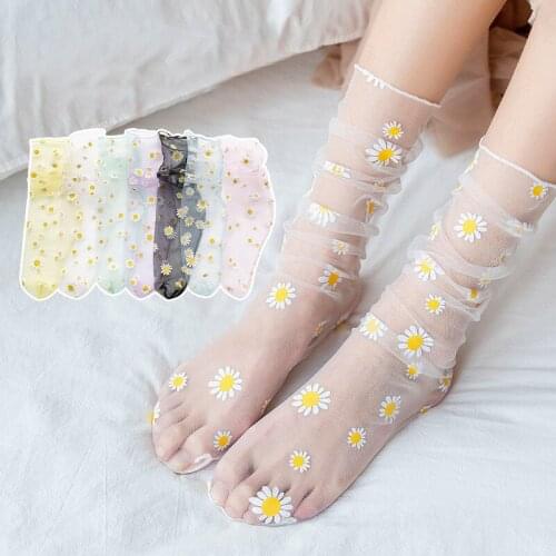 New Sweet Floral Women Socks Transparent Ultra-thin Daisy Socks Lace Elastic Fashion Chiffon Mesh Breathable Tulle Long Socks