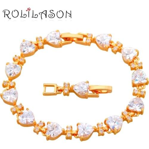 ROLILASON romantic retro crystal white heart shaped Zircon golden Bracelets women classic jewelry TB188