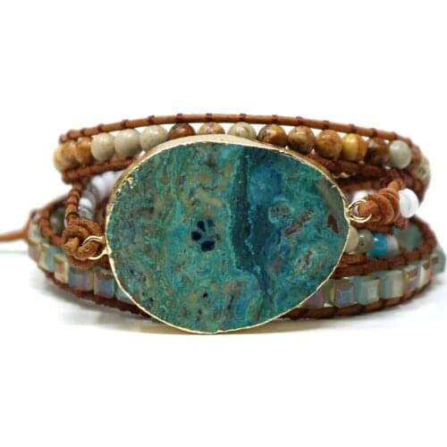 Handmade bohemian piedras naturales wrap bracelet leather tibetan homme femme Blue Ocean Stone Wrap Bracelet tibetan