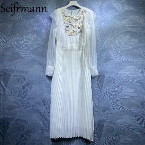 Seifrmann New 2021 Autumn Women Fashion Designer Party Long Dress Lantern Sleeve Gorgeous Lace Embroidery White Pleated Dresses
