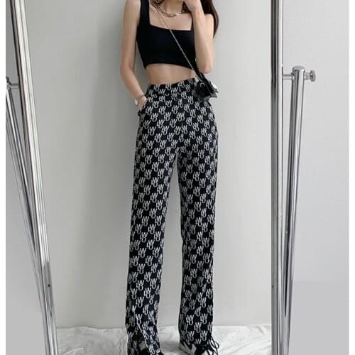 WOMENGAGA Fashion Pantalon Femme High Waist Casual Letter Print Split Trouser Streetwear Loose Straight Pants Women Lo2w