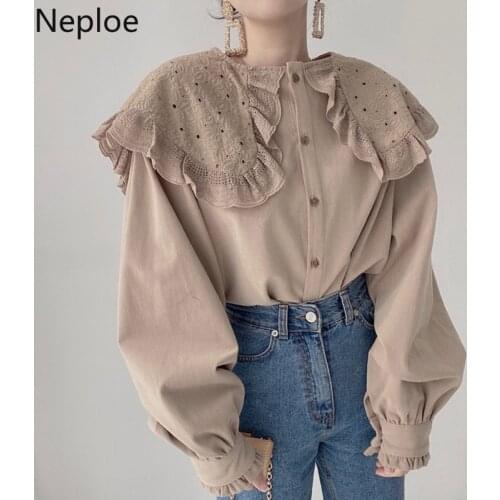 Neploe Women Shirts Chic Korean Plaid Blusas De Mujer Vintage Peter Pan Collar Embroidey Ruffles Blouses Temperament Tops Femme