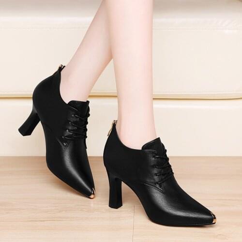 Soft leather womens thick heel shoes 2021 spring foreign style high heels pointy lace leather fine heel shoes