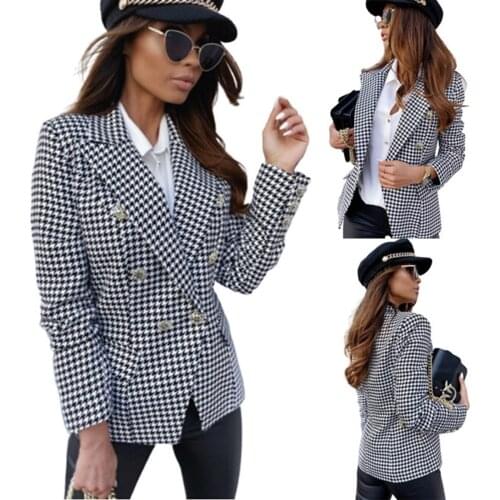 2020 Autumn and Winter Womens Plaid Blazer Long Sleeve Tailored Collar Side Pocket Suit Jacket Tailored Coat