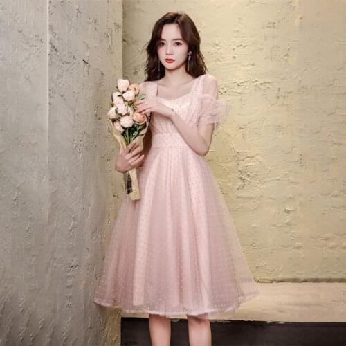Pink Short Sleeves Evening Dress Square Collar Simple A-Line Fashion Zipper Back New Tea-Length Woman Formal Party Gowns A1442