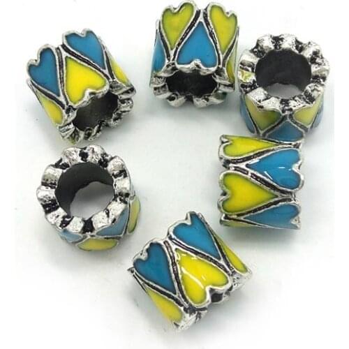 Free Shipping 50pcs 9mm new yellow & blue heart silver plated alloy big hole beads round charms fit European bracelet DIY