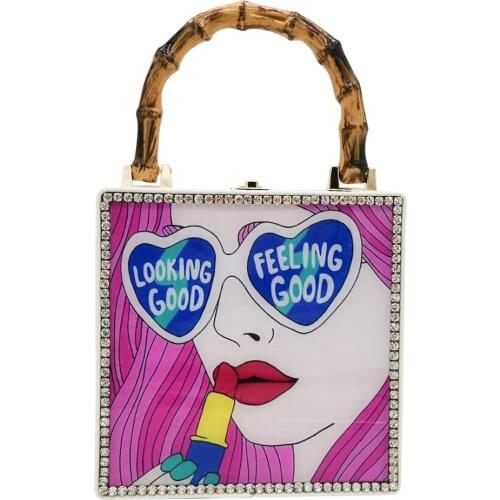 Boutique De FGG "Lady" Print Acrylic PU Women Tote Purses Box Handbags Bamboo Top-Handle Shoulder Bags Crossbody Messenger Bag