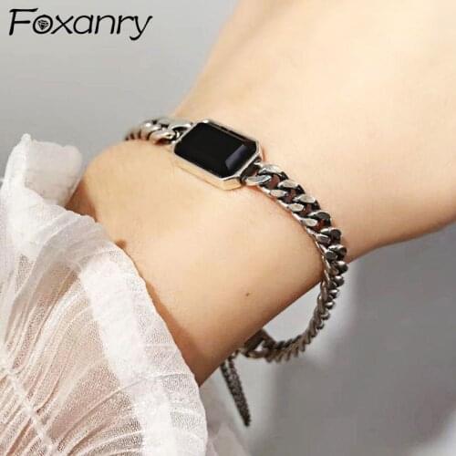 Foxanry 925 Sterling Silver Punk Chain Bracelet for Women New Trendy Simple Rectangular Black Zircon Hiphop Party Jewelry Gifts