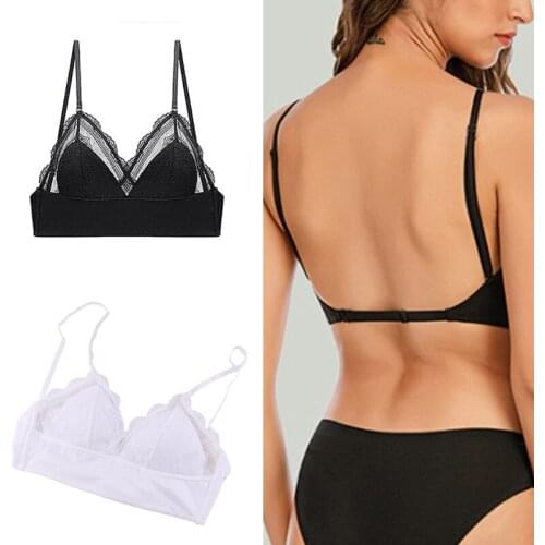 Women Sexy Lace Padded Triangle Bralette U Backless Wireless Soft Cup Bra Halter Convertible Multiway Push Up Underwear Top