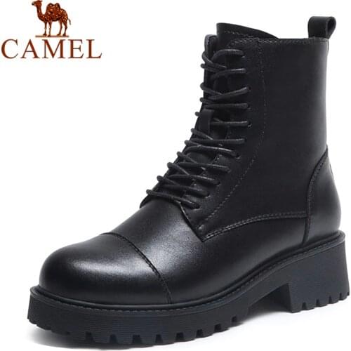CAMEL Ankle Boots Women Martin Boots Platform Short Plush Zipper Black Lace-up Leather Boots Female Shoes Winter 2020