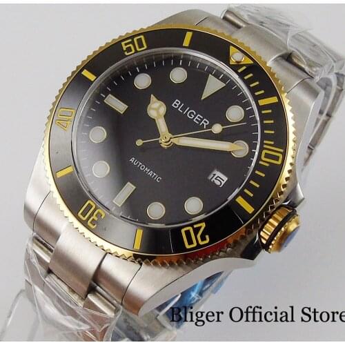 BLIGER 43MM Men Watch NH35 Automatic Movement Black Dial Brushed Oyster Strap Seeing Backcover Rotating Bezel Screw Down Crown