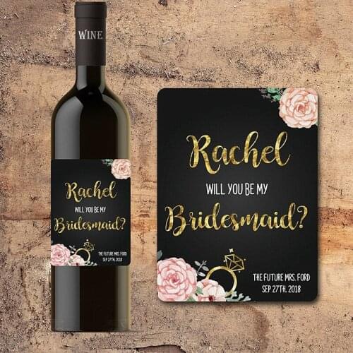 Custom bridesmaid invitation Wine Bottle Label,Will You Be My Bridesmaid, Label Floral Faux Gold with Flowers Gift,Invite, Favor
