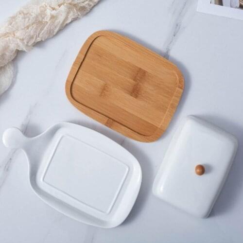 Ceramics Butter Dish With Lid East/West Coast Butter With Handle Bamboo Tray Simple Pure Rectangular Butter Plate Kitchen Tool