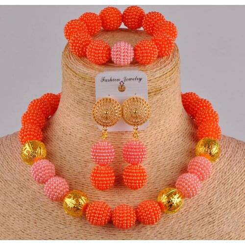 Orange peach african beads jewelry set simulated pearl necklace FZZ09
