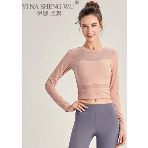 Sexy Net Yarn Patchwork Yoga Crop Tops Women Gym Fitness Jogging Long Sleeve Sport T Shirts Female Tight Dance Training Clothing