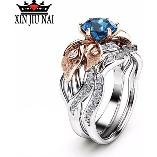 Trendy Ladies Leaves Engagement Rings Set Blue Zircon Anniversary Wedding Ring For Women Party Jewelry