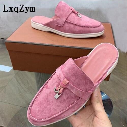 Candy Color Kid Suede Slippers Women Metal Lock Deco Loafers Woman Round Toe Slip On Ladies Mules Casual Flat Shoes For Women