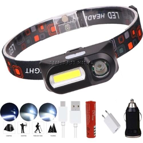 LED Headlamp Super Bright Headlight 6 modes XPE+COB Outdoors Waterproof USB Rechargeable 18650 Battery Flashlights Camping Light