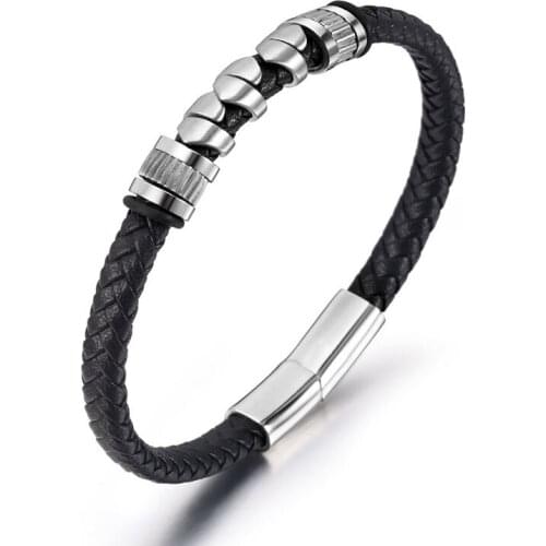 OL Style Multicolor Stainless Steel Button Simple Design Mens PU Leather Bracelet DIY Birthday Valentines Day Gift