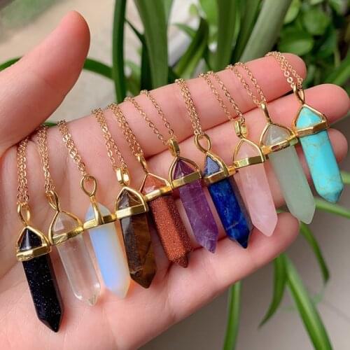 Reiki Real Natural Stone Necklace Chakra Pendant Hexagonal Bullet Amethysts Pink Purple Crystal Necklace Women Jewelry Pendulo