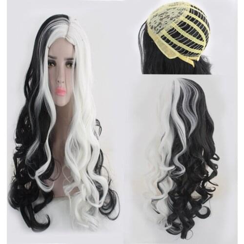 Anime Cruella de Vil Long Black White Wig Woman Curly Wave Wigs Retro Girl Cosplay Costume Movie Cruella Hair Halloween Party