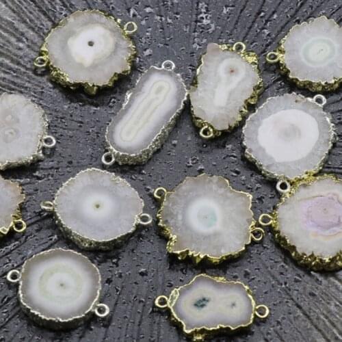 2pcs/lot Natural Stone Charms Pendant Irregular slice gilded Stone Flower double hole Pendant For DIY Jewelry Accessories