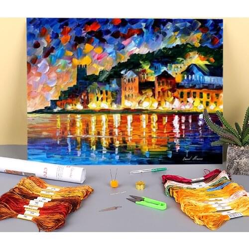 Oil Style Harbor Printed Water-Soluble Canvas 11CT Cross-Stitch Embroidery Set DMC Threads Craft Wholesale