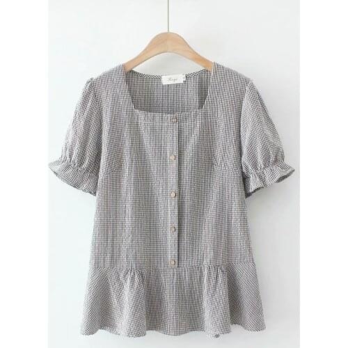 Plus size square collar butterfly sleeve women tshirts 2021 new summer ladies yellow black red plaid cotton t shirts female top