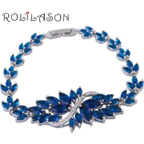 ROLILASON fancy Charm bracelets for ladies Brand Silver wedding Blue Cubic zircon fashion women jewelry TB1048