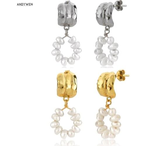 ANDYWEN 925 Sterling Silver Gold Irregular Pearl Circle Pendant Drop Earring 2020 Rock Punk Big Large Jewelry For Women