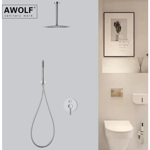 Bathroom Shower Set Chrome Modern Solid Brass Embedded Shower Mixer Tap Wall Mounted Concealed Shiny Silver Bath Faucet AH3051