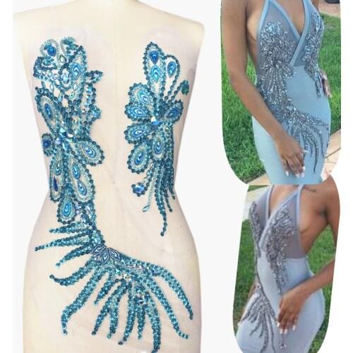 GOOD Supplier Customed 25x55cm 13x32cm Light Blue Sequin Rhinestones Crystal Appliques Designs Beaded for Wedding Dress Wine bal