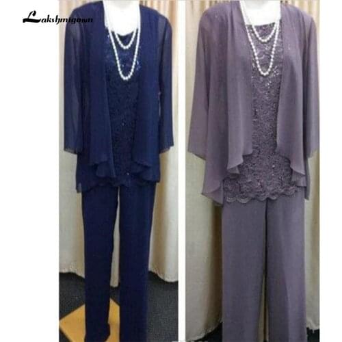 Vintage Mother of the Bride Dresses Pants Suit With Chiffon Jacket Lace Wedding Guest Dresses 3 Pieces vestido de madrinha