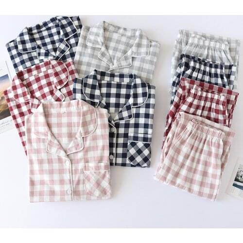 Japanese Plaid Couple Comfortable Short Sleeve Shorts Pajamas Women and Men Spring/autumn Knitted Cotton Long Sleeve 2 Piece Set
