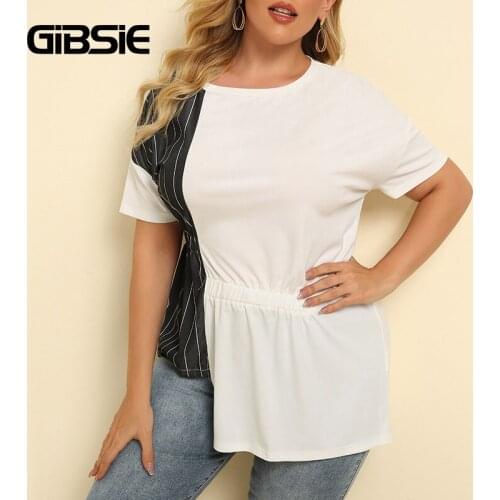 GIBSIE White Striped Colorblock O-Neck T Shirt Women Plus Size 2021 New Fashion Summer Short Sleeve Tee Women Casual T-Shirt Top