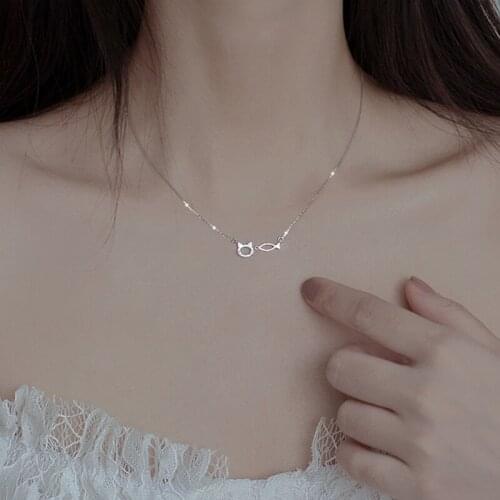 925 Sterling Silver Cat Fish Necklaces for Women Simple Cute Clavicle Chain All-match Students Jewelry Gift