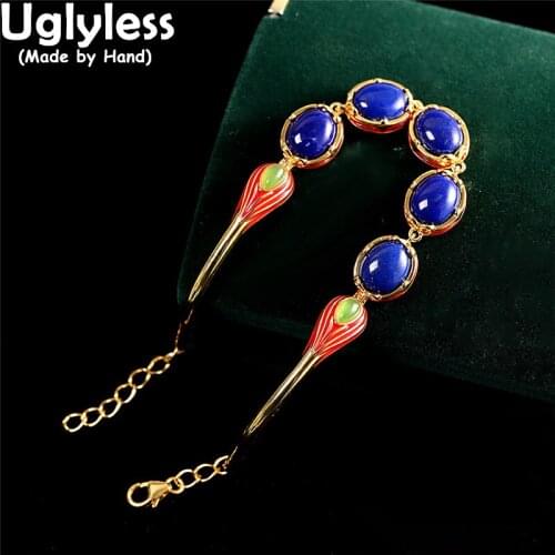 Uglyless Exotic Natural Lapis Bracelets for Women Semi-precious Gemstones Curundum Bracelets Enamel 925 Silver Vintage Jewelry